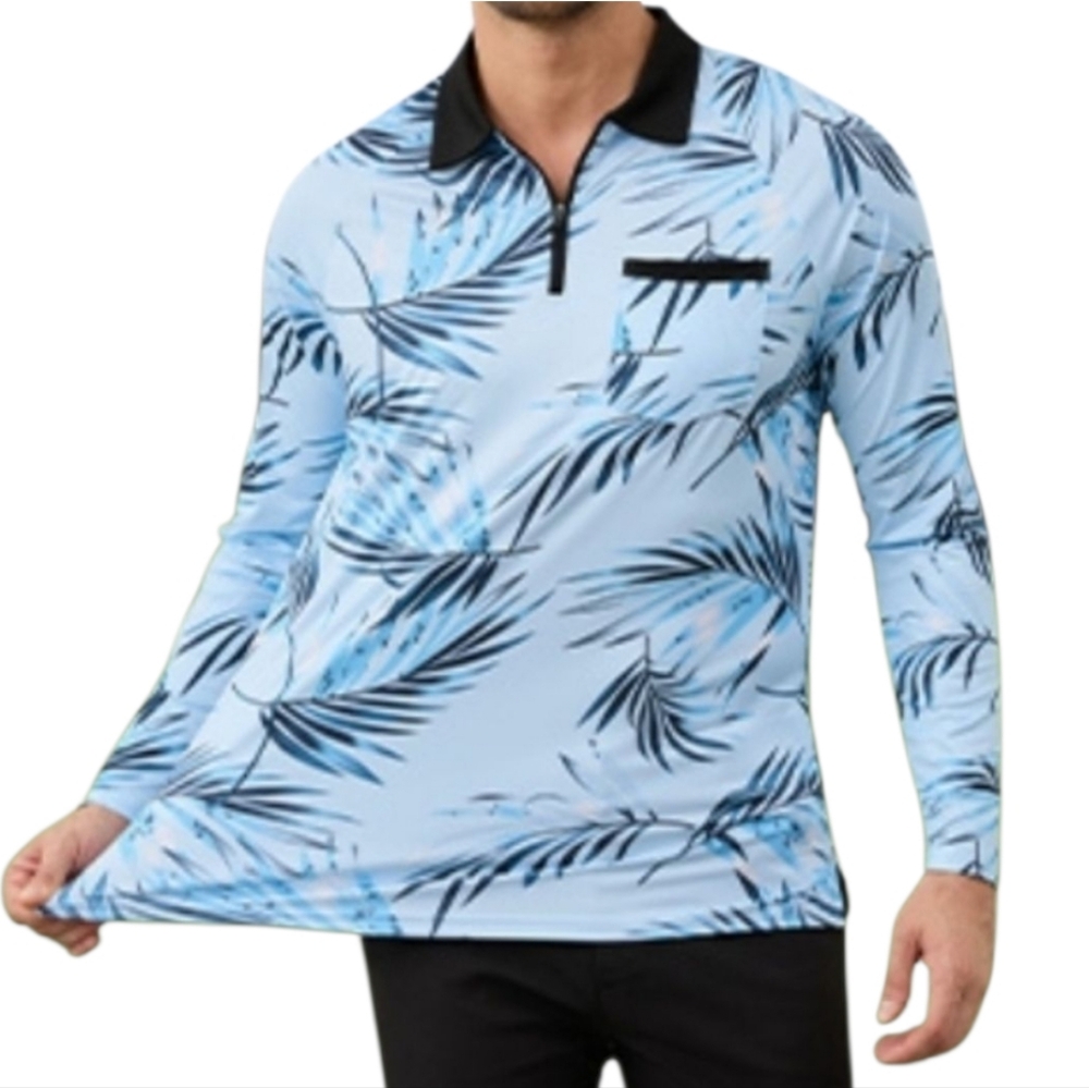 Men's Blue Leaf Print Golf Polo Shirt